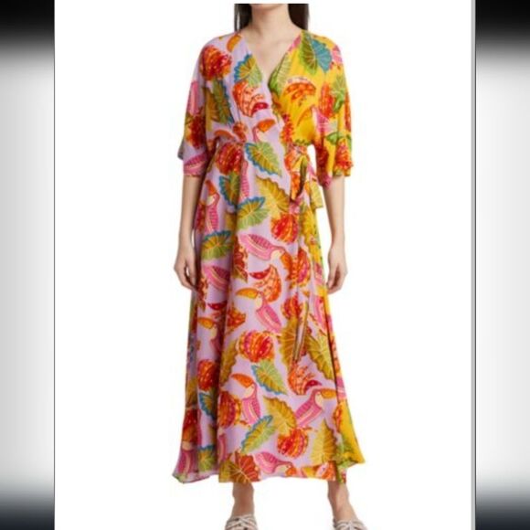 Farm Rio Women’s Mixed Beaks & Bananas Maxi Wrap Dress Size LARGE - Picture 2 of 10